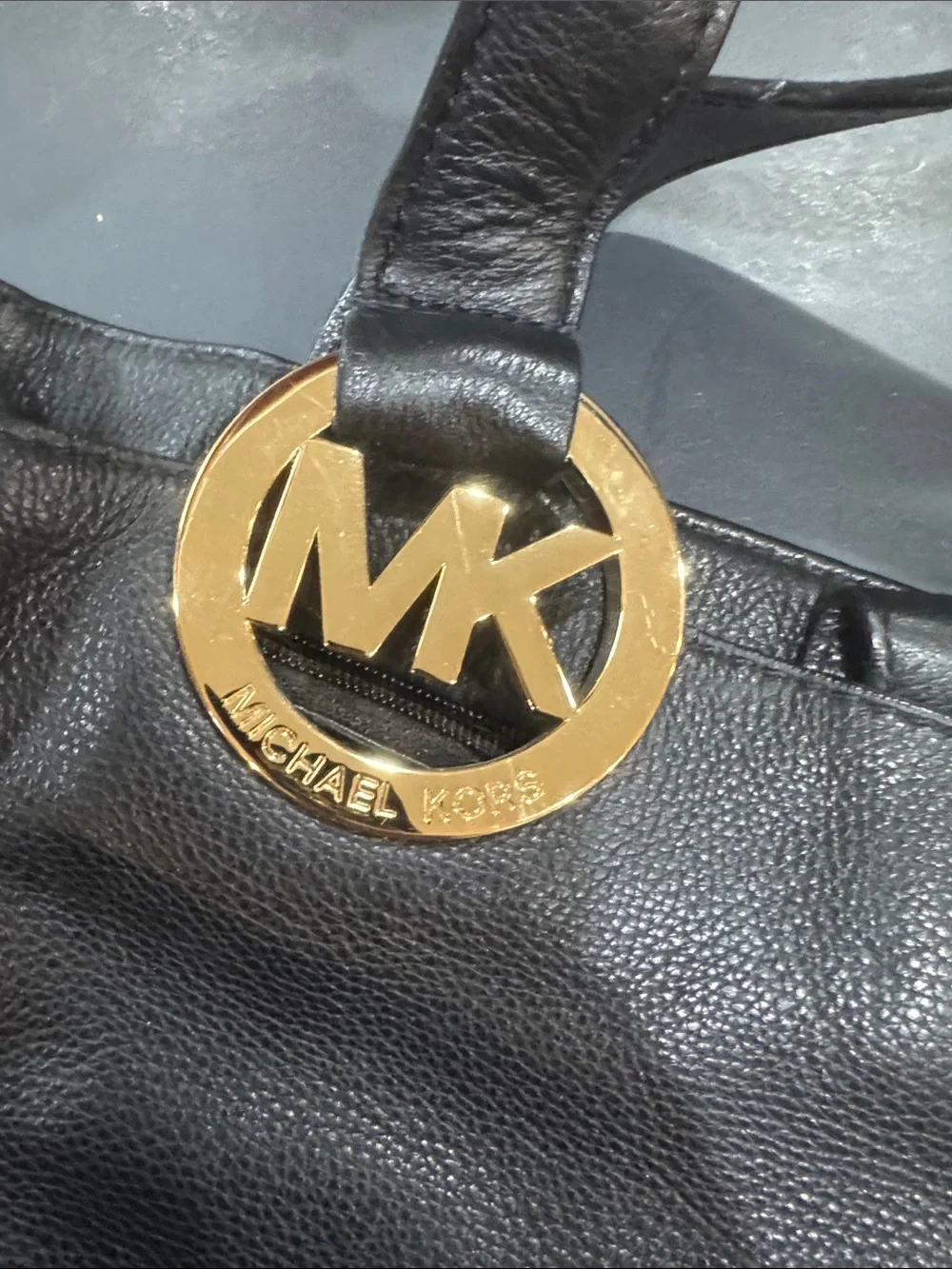 Michael Kors Black Pebbled Leather Tote with Gold MK Medallion